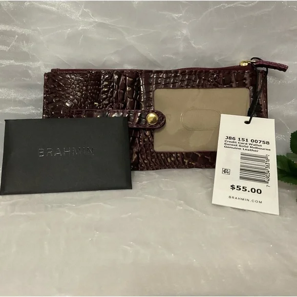 Brahmin Croc-Embossed Wallet in Burgundy and Beige - Picture 1 of 6